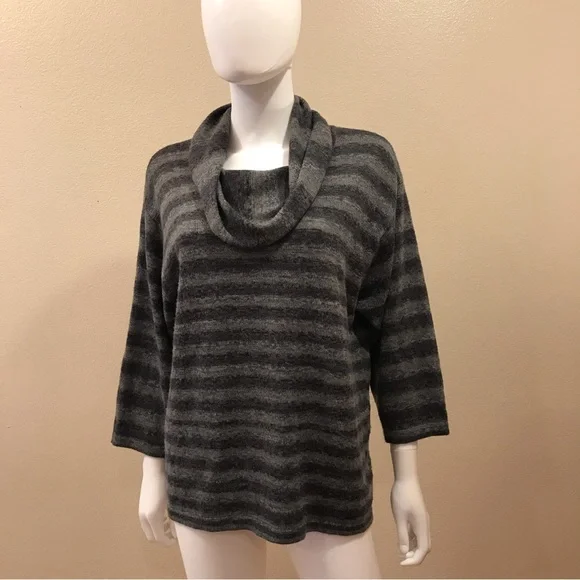 Jones New York Cowl Neck Sweater Womens Large Grey Stripe Acrylic Wool Blend - Picture 6 of 9
